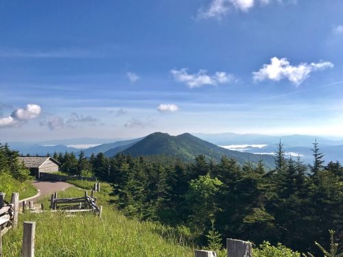 A scenic mountain view with lush greenery, a distant peak, and a clear blue sky dotted with clouds.
