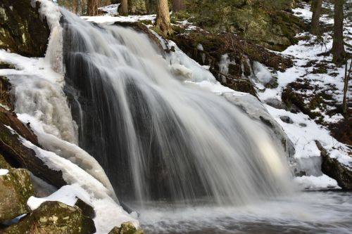A serene waterfall cascades over rocks, surrounded by snow and trees in a tranquil forest setting.