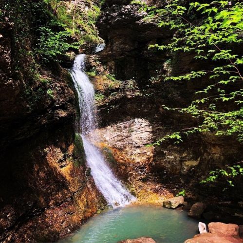 A serene waterfall cascading into a clear pool, surrounded by lush greenery and rocky cliffs.