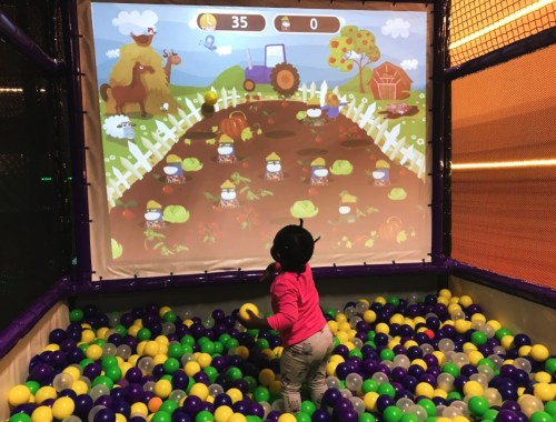 A child plays an interactive game in a ball pit, aiming at animated farm characters on a large screen.