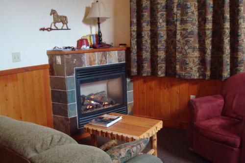 Cozy living room with a stone fireplace, a wooden table, and a red armchair, decorated with patterned curtains.