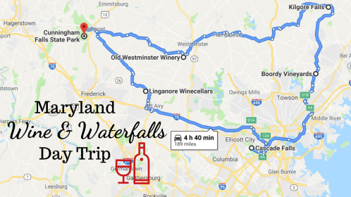 Map showing a Maryland wine and waterfalls day trip route, highlighting stops at wineries and waterfalls.