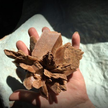 A hand holding a cluster of brown mineral crystals against a light background.
