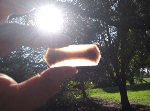 A hand holds a translucent object against a bright sun, with trees and grass in the background.