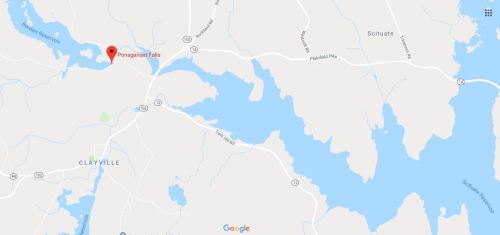 Map showing the location of Propoganda Falls near Clayville, with surrounding roads and water bodies.