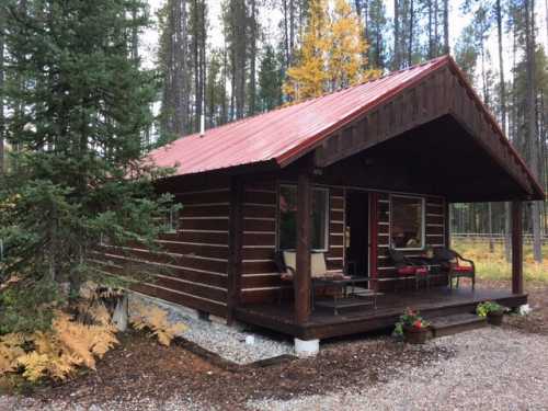 A cozy log cabin with a red metal roof, surrounded by trees and autumn foliage, featuring a porch with seating.