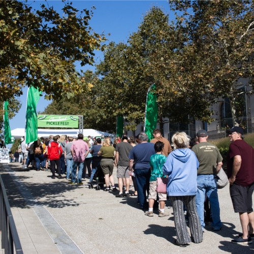 A long line of people waiting outside for Picklefest, with green banners and trees in the background.