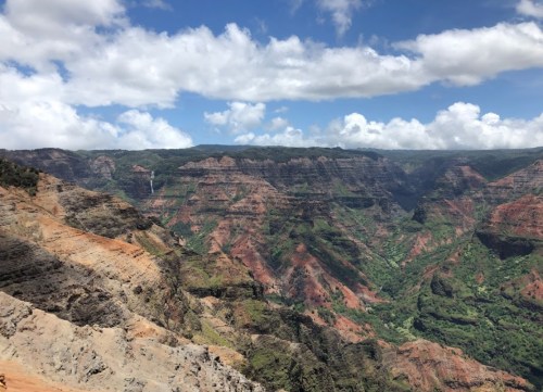 A panoramic view of colorful canyon walls and lush greenery under a partly cloudy sky.
