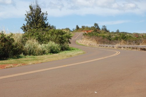 A winding road curves through green grass and shrubs under a blue sky with scattered clouds.