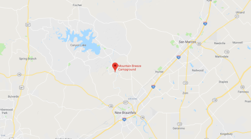 Map showing the location of Mountain Breeze Campground near New Braunfels, Texas, with surrounding roads and landmarks.