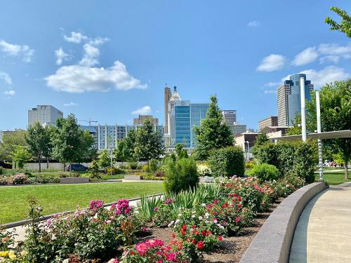 A city park with blooming flowers and greenery, featuring a skyline of modern buildings under a blue sky with clouds.