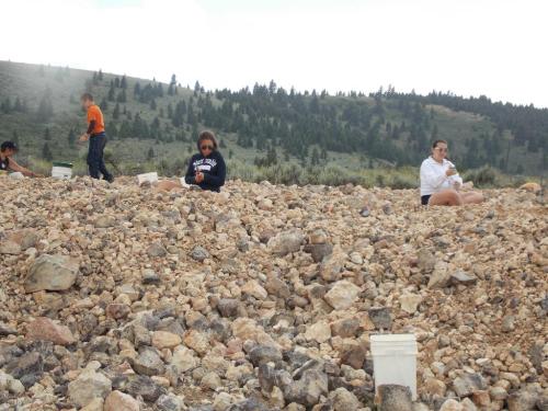A group of people sitting on a rocky hillside, engaged in activities, with trees and mountains in the background.