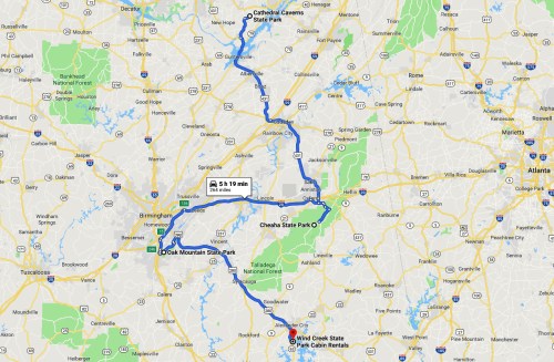 Map showing a route from Wind Creek State Park to Cathedral Caverns State Park, passing through Oak Mountain and Cheaha State Parks.