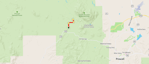 Map showing the Prescott area, highlighting the Granite Mountain Wilderness Area and surrounding roads.