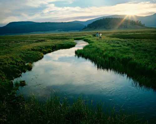 A serene landscape featuring a winding stream, lush green grass, and mountains under a sunset sky.