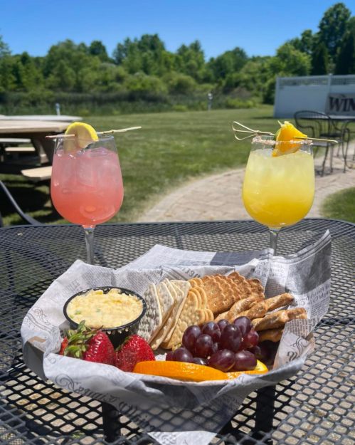 Two colorful cocktails sit on a table with a platter of crackers, cheese, and fresh fruit, set against a sunny outdoor backdrop.