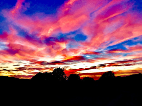 Vibrant sunset with pink, purple, and orange clouds silhouetting dark trees against a colorful sky.