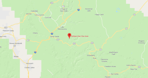 Map showing the Bullpen Day Use Area, located in a green mountainous region with nearby roads and towns.