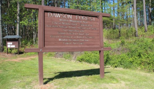 Sign for Dawson Forest Wildlife Management Area, surrounded by trees, indicating local and state support.