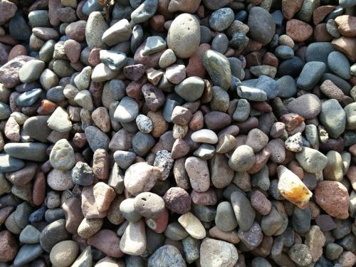 A close-up of a variety of smooth, colorful pebbles scattered on the ground.