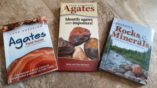 Three books on agates and minerals, featuring titles like "Agates Field Guide" and "Minnesota Rocks & Minerals."