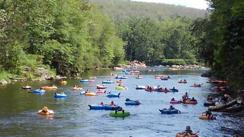 A river filled with people floating on colorful inner tubes, surrounded by lush green trees and a scenic landscape.