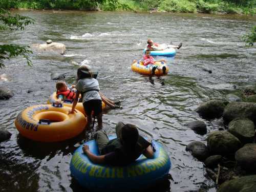 Children floating on colorful inner tubes in a river, surrounded by rocks and greenery on a sunny day.