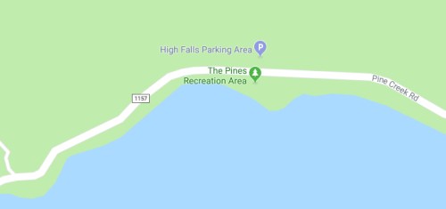 Map showing Pine Creek Road, High Falls Parking Area, and The Pines Recreation Area near a body of water.