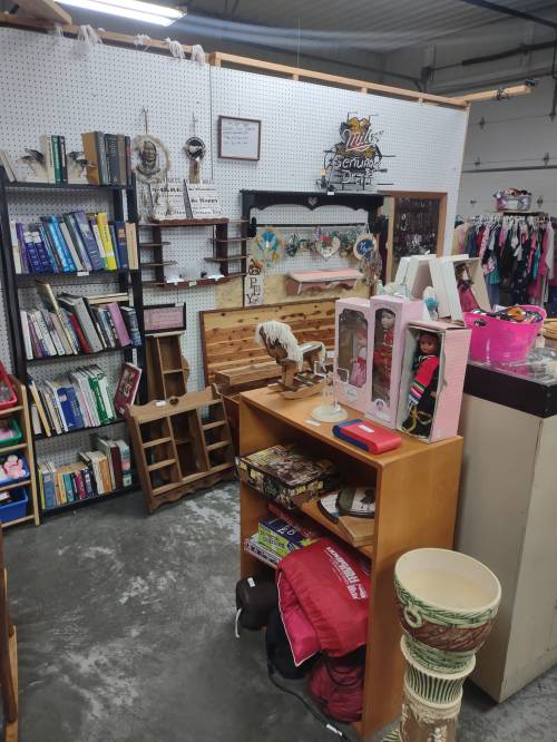 A cozy thrift shop corner with shelves of books, crafts, and various vintage items for sale.