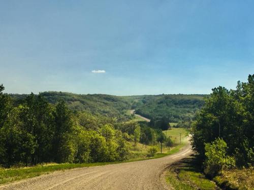 A winding gravel road leads through lush green hills under a clear blue sky.