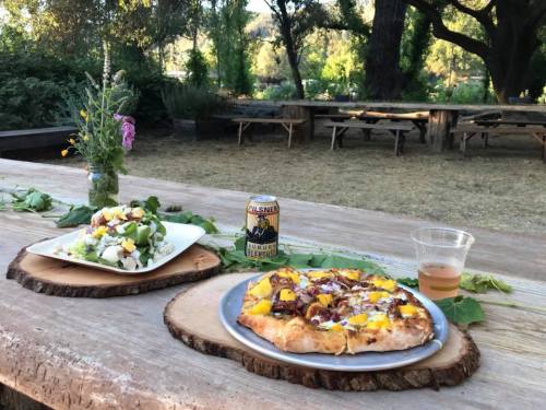 A rustic outdoor setting with a pizza, salad, a drink, and flowers on a wooden table surrounded by greenery.