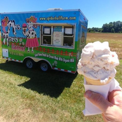 A hand holds a cone of ice cream in front of a colorful ice cream truck in a sunny field.