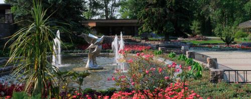 A serene garden featuring a fountain, colorful flowers, and lush greenery in a peaceful outdoor setting.