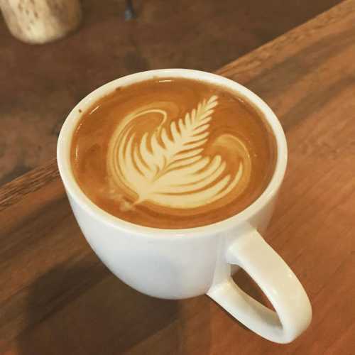 A white cup of latte art featuring a leaf design, placed on a wooden surface.