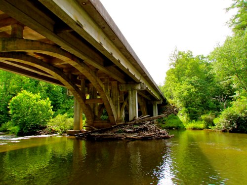 A concrete bridge spans over a calm river, surrounded by lush green trees and vegetation.