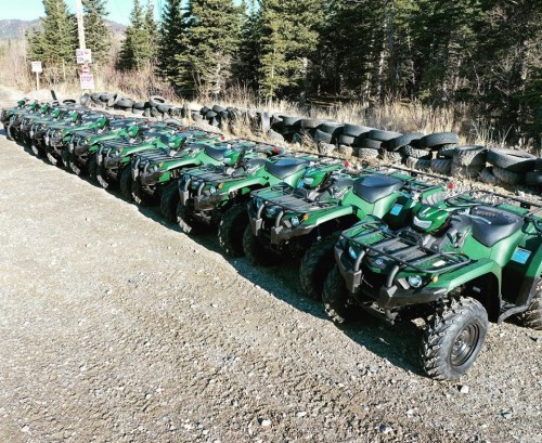 A row of green all-terrain vehicles parked on a gravel path, surrounded by trees and tires.