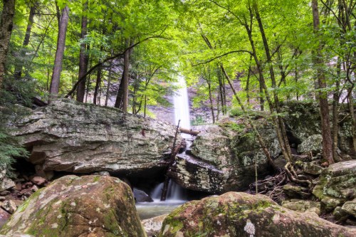A serene waterfall cascades through lush green trees and rocky terrain in a tranquil forest setting.
