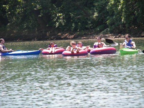 A group of people relaxing on colorful inner tubes in a calm river, surrounded by lush greenery.