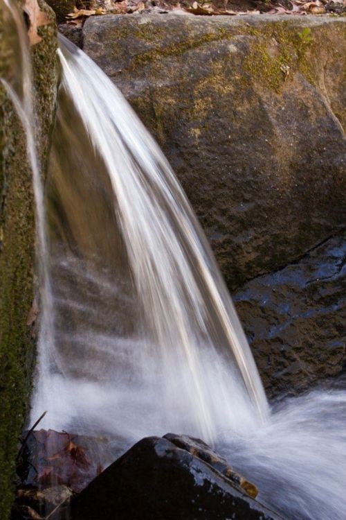 A close-up of a small waterfall cascading over rocks, surrounded by moss and fallen leaves.