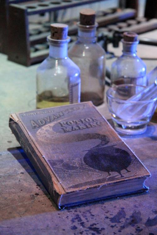 An old book titled "Advanced Potion Making" lies on a table beside glass bottles and a small bowl.