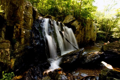 A serene waterfall cascades over rocky cliffs, surrounded by lush green trees in a tranquil forest setting.