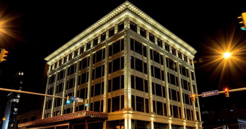Historic building illuminated at night, showcasing ornate architectural details and bright streetlights.