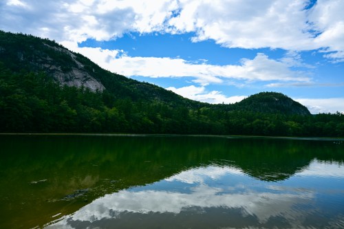 A serene lake reflecting green hills and a blue sky with scattered clouds.