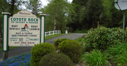 Sign for Coyote Rock RV Resort & Marina, featuring boat rentals, launch info, and lush greenery along the road.