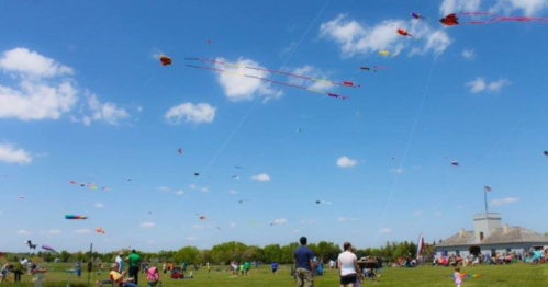 A vibrant sky filled with colorful kites, people enjoying a kite festival on a sunny day in a grassy field.