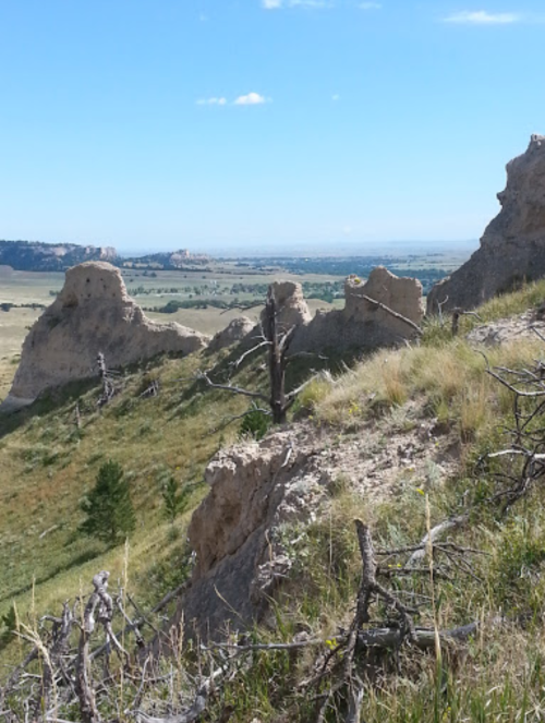 A scenic view of rocky formations and rolling hills under a clear blue sky, with sparse vegetation in the foreground.