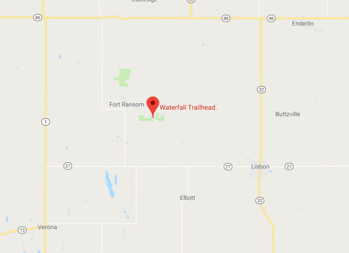 Map showing the location of Waterfall Trailhead near Fort Ransom, North Dakota, with nearby towns labeled.