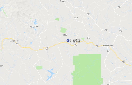 Map showing the location of "Edge of the World" Trail near Dawsonville, Georgia, with surrounding roads and landmarks.