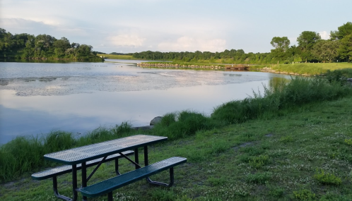 A serene lakeside view with a picnic table, lush greenery, and calm water reflecting the sky.