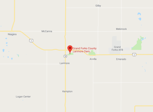 Map showing Grand Forks County and Larimore Dam, with nearby towns and highways labeled.